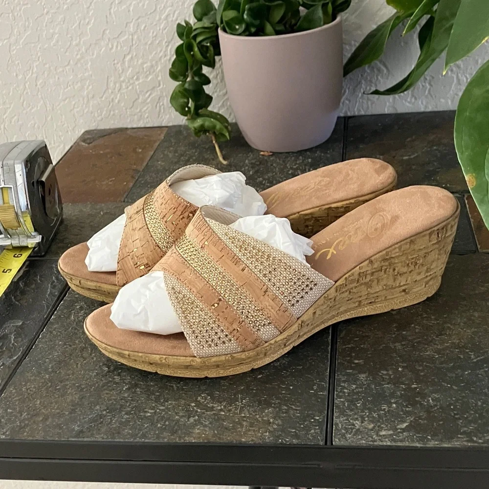 Onex‎ Style Blanche Wedge Slide Sandal in Cork & Neutral size 9 New -Rhinestones